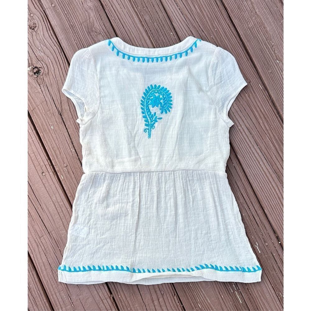 THML Embroidered Top Blouse Creamy Beige Turquoise Short Sleeve V Neck Size S - Picture 3 of 7